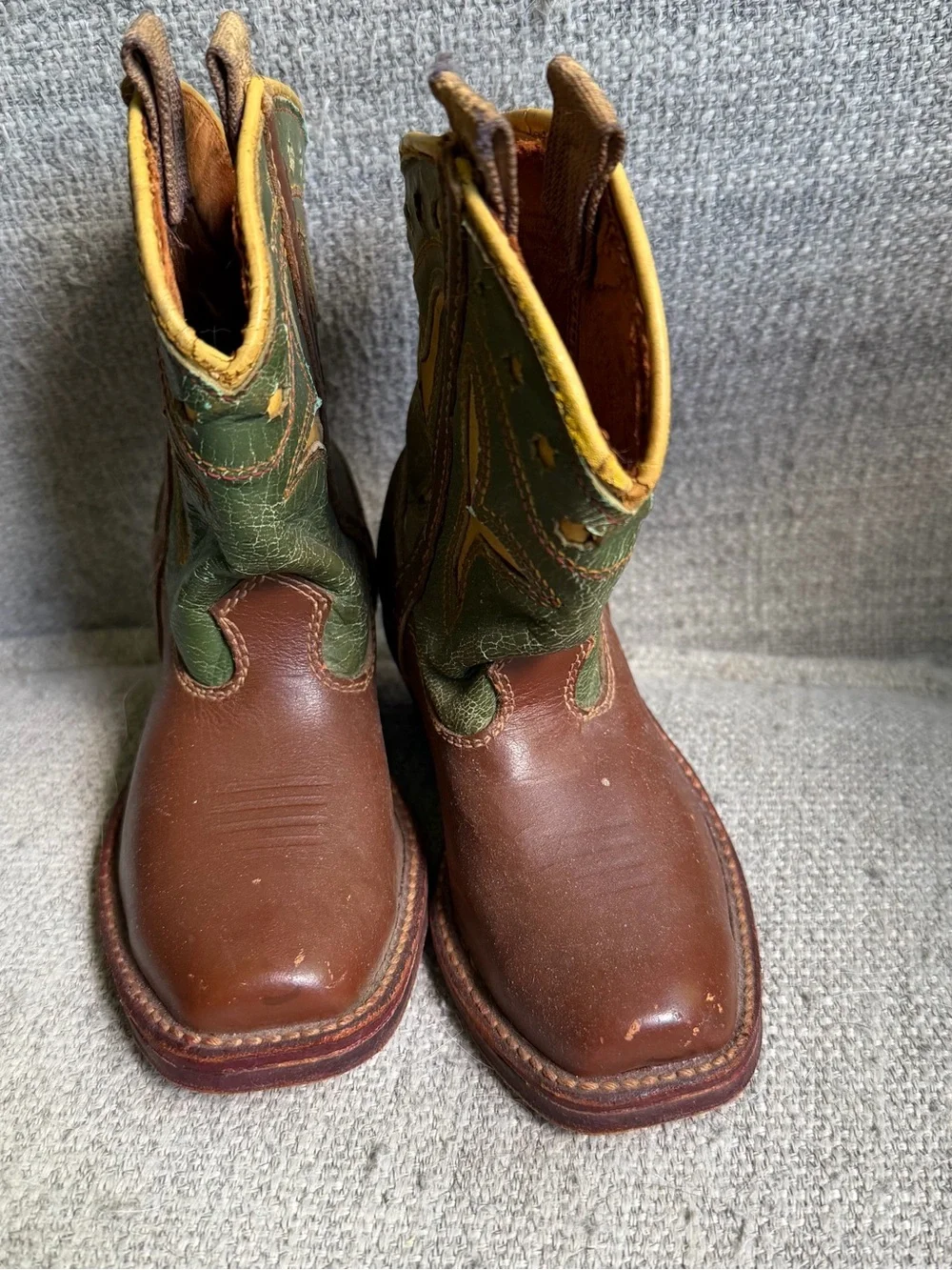 Vintage 1950s Tom Mix Kids Brown and Green Western Cowboy Boots